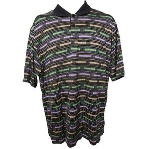 Bugatchi Men's Large Black Multicolor Stripe Short Sleeve Polo Shirt Knit Cotton